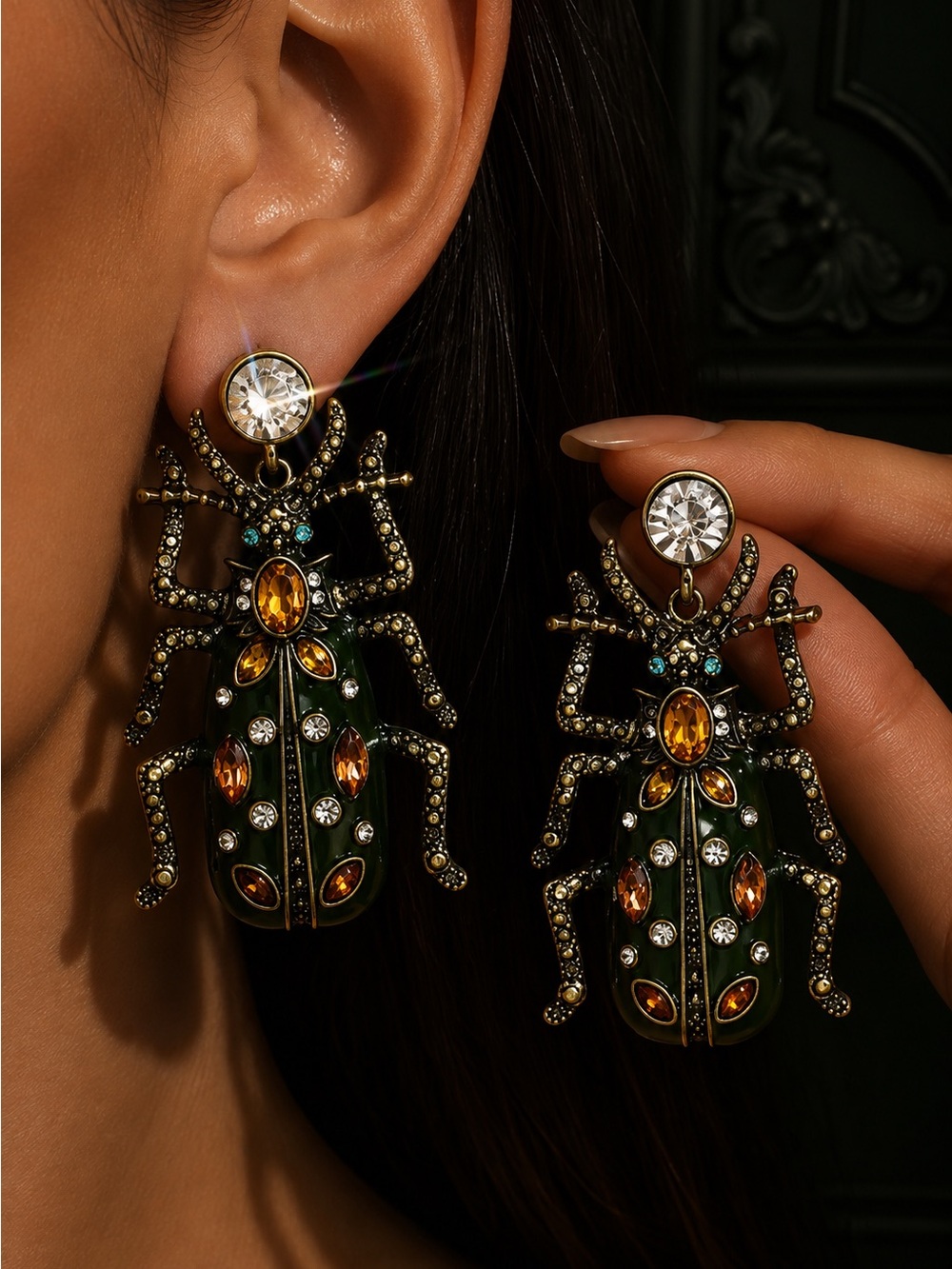 Vintage Green and Amber Beetle Drop Earrings by Vintage